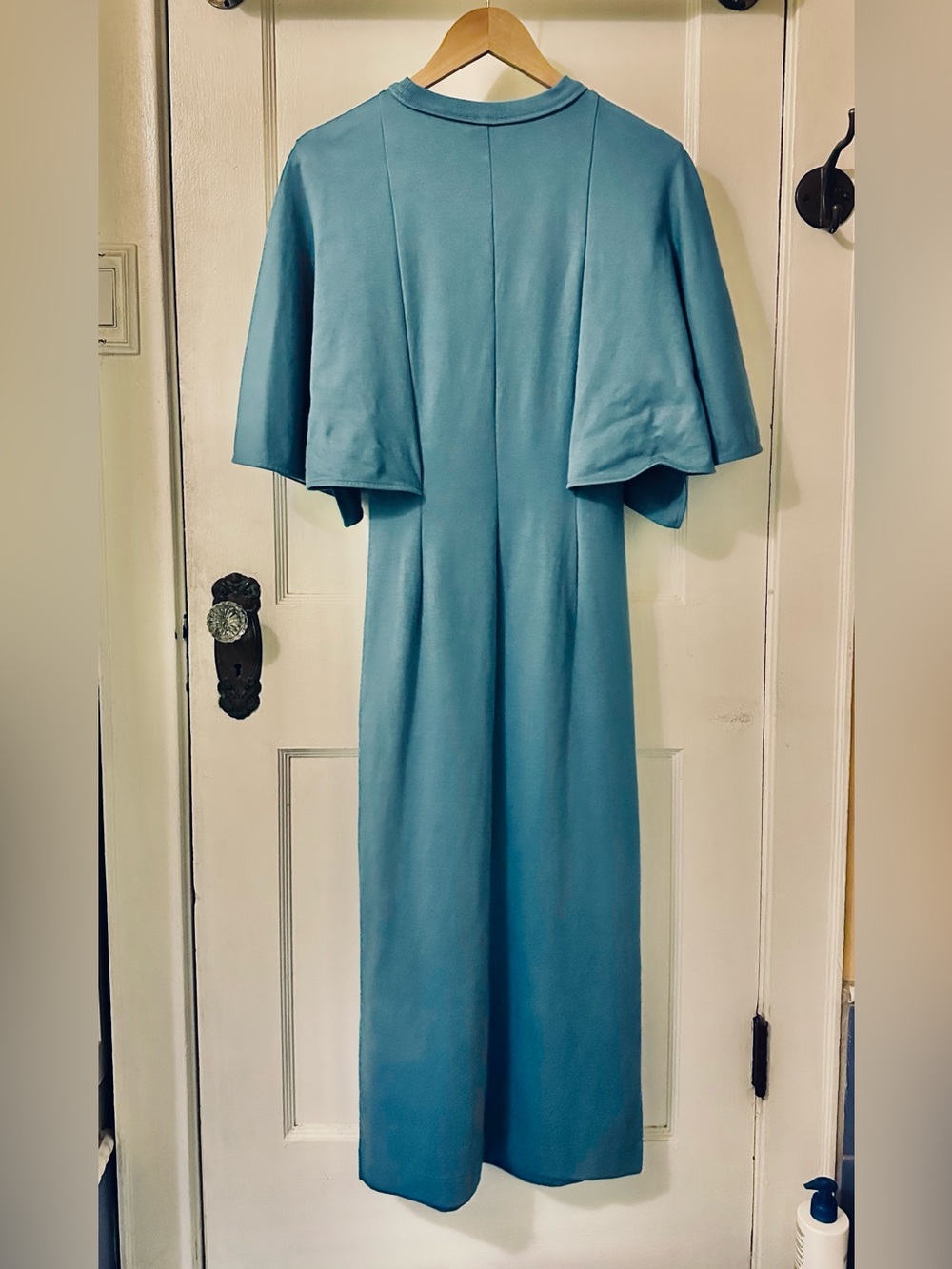 COS Signature Draped-Sleeve Midi Dress. Azure Blue,Soft Jersey Fabric. Leg Slits - Picture 4 of 16